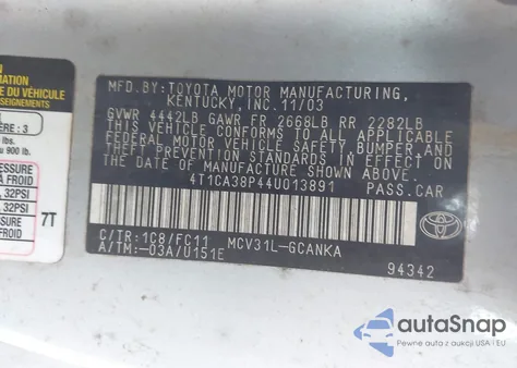 2004 Toyota Camry Solara Se Sport V6 z USA, uszkodzony, nr VIN 4T1CA38P44U013891